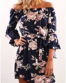 Floral Off Shoulder Flare Sleeve Mini Dress with Belt