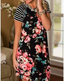 Floral Striped Sleeve Casual Mini Dress without Necklace