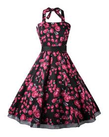 Floral Splicing Halter Mini Dress with Belt
