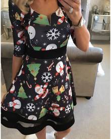Christmas Tree Santa Snowman Mesh Casual Dress