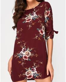 Floral Tab-Sleeve O-Neck Mini Dress