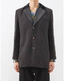 Youths In Balaclava - Leather-trimmed Pinstriped Cotton-blend Blazer - Mens - Black