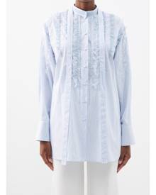 Valentino - Embroidered Ruffled Striped Cotton-poplin Blouse - Womens - Light Blue