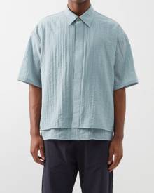 Le17septembre Homme - Layered-hem Textured Short-sleeved Shirt - Mens - Light Blue