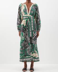 Johanna Ortiz - Quiet Solitude Belted Cotton Maxi Dress - Womens - Green Print