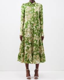 Erdem - Palmira Tiered Floral-print Satin Shirt Dress - Womens - Green Multi