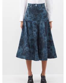 Erdem - Lace Floral-print Denim Fluted Midi Skirt - Womens - Denim Multi