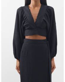 Boteh - Balloon Sleeve Tie-front Linen Crop Top - Womens - Black