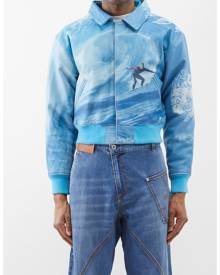 Erl - Surf-print Leather Bomber Jacket - Mens - Blue Multi