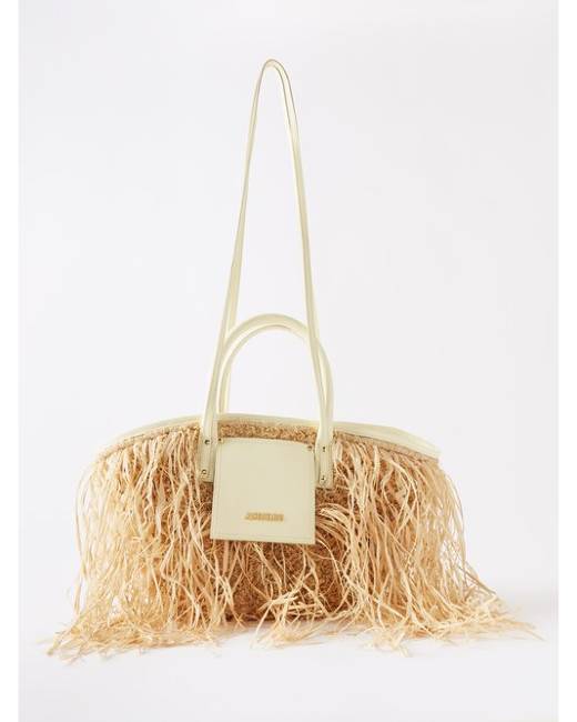 Beige Castell leather and raffia tote bag, Hereu