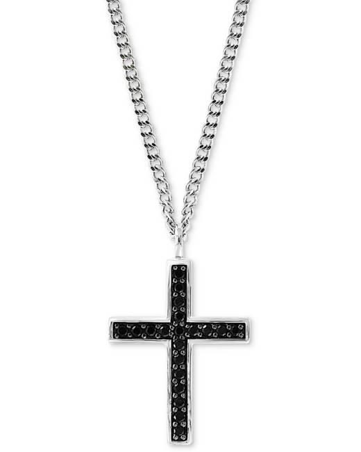 White & Black Diamond Cross Pendant w/ Sterling Silver Chain - Ruby Lane