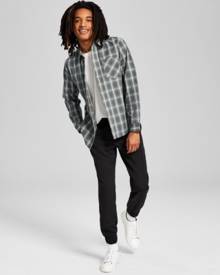 And Now This Now This Mens Woven Plaid Long Sleeve Button Up Shirt Soft Touch Pocket T Shirt Tech Stretch Jogger Pants