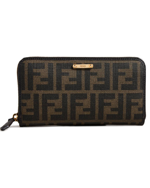 FENDI: credit card holder in leather with FF print - Tobacco