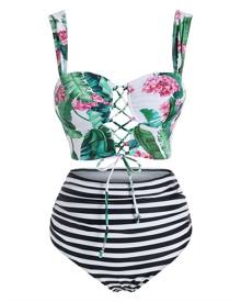 DressLily Tropical Flowers Print Lace-up Padded Bikini Set