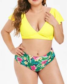 DressLily Plus Size Flutter Sleeve Plunging Neck Tropical Bikini Swimsuit