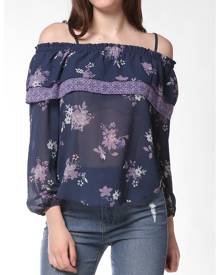 DressLily FRENCH BAZAAR Floral Print Strap Cold Shoulder Ruffle Blouse