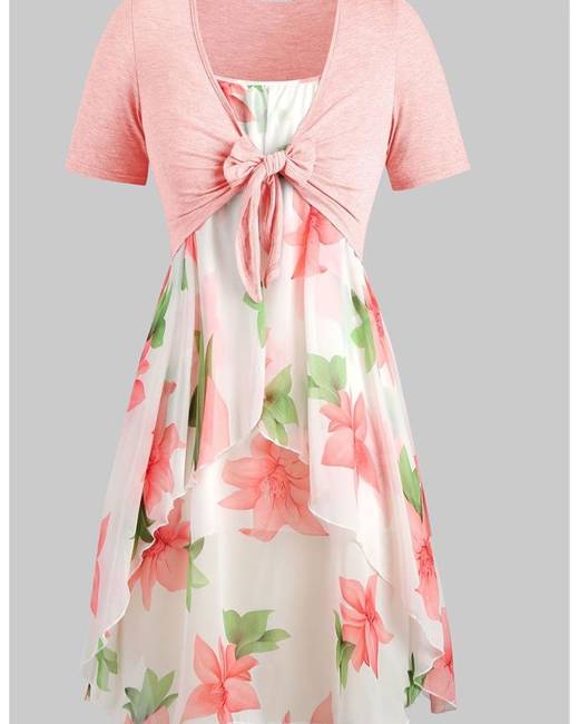 Dresses for Women Summer Casual Short Sleeve Bow Knot Cover Up Tops Sunflower Print Strap Midi Dress Pleated Sun Dress 