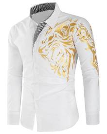 Rosegal Plaid Patchwork Dragon Print Casual Shirt