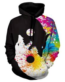 Rosegal Wolf Print Kangaroo Pocket Casual Hoodie