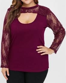 Rosegal Plus Size Long Sleeves Lace Panel Tee with Cutout