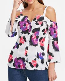 Rosegal Cold Shoulder Button Up Print Blouse
