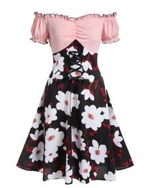 Rosegal Plus Size Contrast Color Floral Off Shoulder Dress