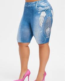 Rosegal Plus Size Feather Print High Waisted Biker Shorts
