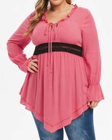 Rosegal Plus Size Ruffle Front Tie Contrast Lace Tunic Blouse