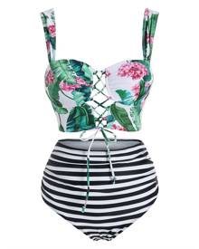 Rosegal Tropical Flowers Stripe Print Lace-up Bikini Set