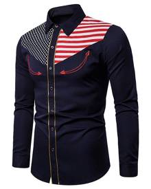 Rosegal American Flag Star and Stripes Embroidery Contrast Trim Shirt