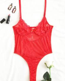 Floral Printed Bustier Back Clasp Lace Trim Half Cup Bodysuit - Milanoo.com