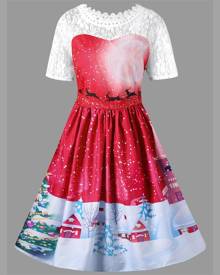 Rosegal Christmas Plus Size Lace Yoke Vintage Swing Dress