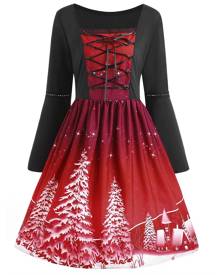 Rosegal Christmas Tree Print Plus Size Lace Up Dress