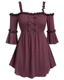 Rosegal Plus Size Ruffled Cold Shoulder Bowknot T-shirt