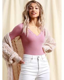 Cupshe Leann Rib Lace Trim Long Sleeve Bodysuit - Pink,M