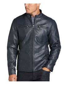 Awearness Kenneth Cole Men's Modern Fit Moto Jacket Navy Faux Leather - Size: Small