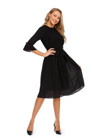 Miss Finch 3/4 Sleeves Chiffon Dress W/ Micro Pleat front & Sleeve cuff