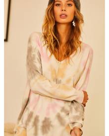 main strip V Neck Hi-Lo Side Slit Tie-Dye Sweater
