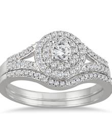 1/2 Carat TW Diamond Double Halo Split Shank Bridal Set in 10K White Gold 1/2 Carat TW Diamond Double Halo Split Shank Bridal Set in 10K White Gold