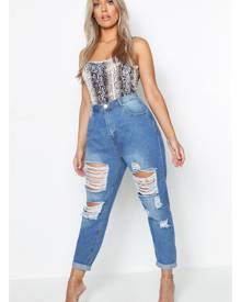 Boohoo Plus All Over Ripped Mom Jeans - Blue - 16