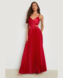 Boohoo Satin Pleated Wrap Maxi Dress - Red - 12