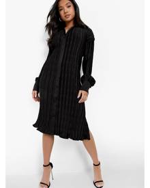 Boohoo Petite Pleated Plisse Midi Shirt Dress - Black - 10