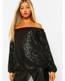 Boohoo Black Tall Sequin Bardot Long Sleeve Top - 6