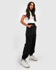 Boohoo Cuffed Cord Cargo Track Pants - Black - 8