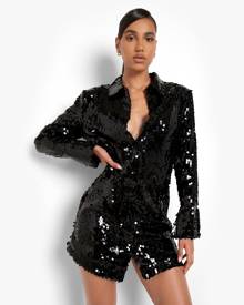 Boohoo Sequin Split Cuff Power Shoulder Shirt Party Dress - Black - 8