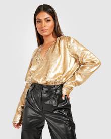 Boohoo Wrap Ruched Shoulder Sequin Bodysuit - Gold - 6