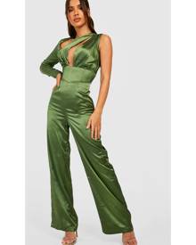 Boohoo Satin Cut Out One Shoulder Jumpsuit - Green - 8