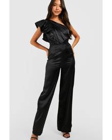 Boohoo Satin Asymmetric Ruffle Jumpsuit - Black - 8