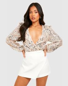 Boohoo Petite Sequin Zigzag Wrap Bodysuit - Beige - 4