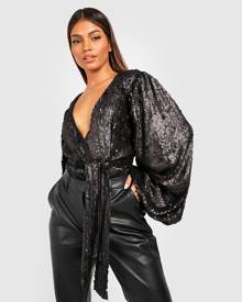 Boohoo Volume Wrap Sequin Bodysuit - Black - 6